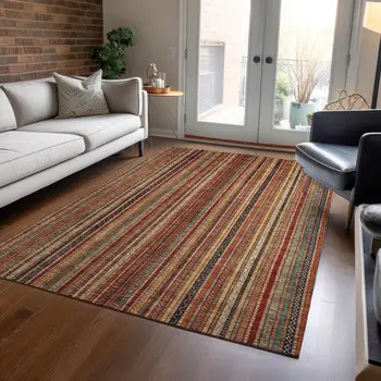 5' X 8' Rust Taupe And Gray Striped Washable Indoor Outdoor Area Rug