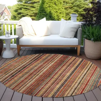 8' Rust Taupe And Gray Round Striped Washable Indoor Outdoor Area Rug