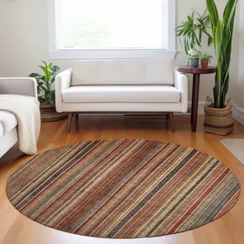 8' Rust Taupe And Gray Round Striped Washable Indoor Outdoor Area Rug
