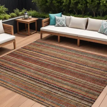 10' X 14' Rust Taupe And Gray Striped Washable Indoor Outdoor Area Rug