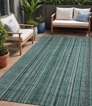 5' X 8' Teal Blue Aqua And Gray Striped Washable Indoor Outdoor Area Rug
