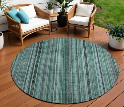 8' Teal Blue Aqua And Gray Round Striped Washable Indoor Outdoor Area Rug
