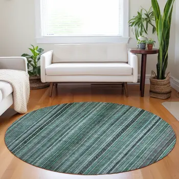 8' Teal Blue Aqua And Gray Round Striped Washable Indoor Outdoor Area Rug
