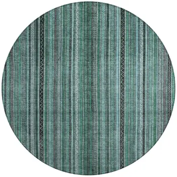 8' Teal Blue Aqua And Gray Round Striped Washable Indoor Outdoor Area Rug