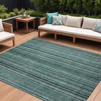 10' X 14' Teal Blue Aqua And Gray Striped Washable Indoor Outdoor Area Rug