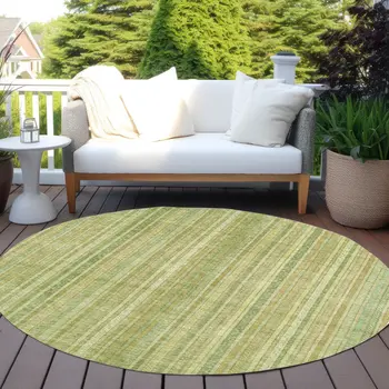 8' Artichoke Green Fern Green And Gold Round Striped Washable Indoor Outdoor Area Rug