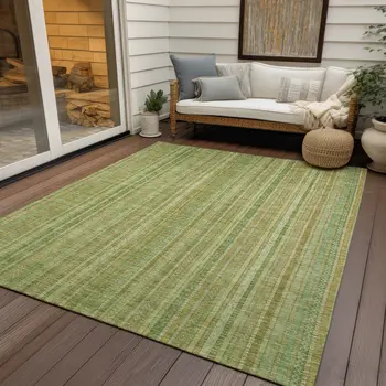 10' X 14' Artichoke Green Fern Green And Gold Striped Washable Indoor Outdoor Area Rug