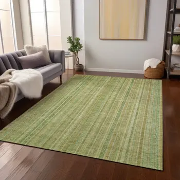 10' X 14' Artichoke Green Fern Green And Gold Striped Washable Indoor Outdoor Area Rug