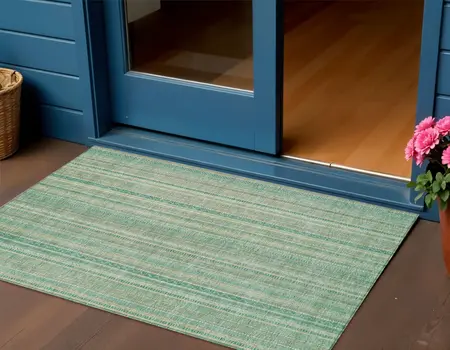 3' X 5' Aqua Beige And Teal Blue Striped Washable Indoor Outdoor Area Rug