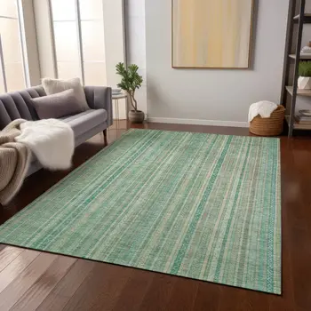 3' X 5' Aqua Beige And Teal Blue Striped Washable Indoor Outdoor Area Rug