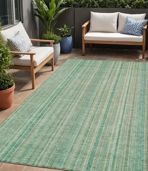 5' X 8' Aqua Beige And Teal Blue Striped Washable Indoor Outdoor Area Rug