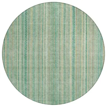 8' Aqua Beige And Teal Blue Round Striped Washable Indoor Outdoor Area Rug