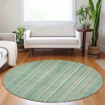 8' Aqua Beige And Teal Blue Round Striped Washable Indoor Outdoor Area Rug