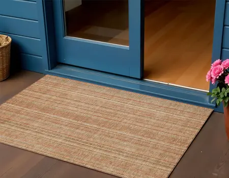 3' X 5' Rust Beige And Linen Striped Washable Indoor Outdoor Area Rug