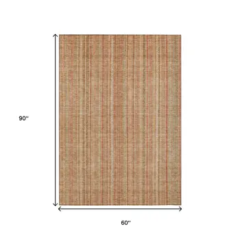 5' X 8' Rust Beige And Linen Striped Washable Indoor Outdoor Area Rug