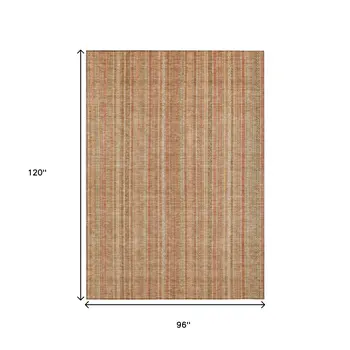 8' X 10' Rust Beige And Linen Striped Washable Indoor Outdoor Area Rug