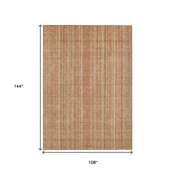 9' X 12' Rust Beige And Linen Striped Washable Indoor Outdoor Area Rug