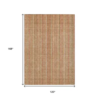 10' X 14' Rust Beige And Linen Striped Washable Indoor Outdoor Area Rug