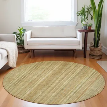 8' Wheat Gold And Beige Round Striped Washable Indoor Outdoor Area Rug