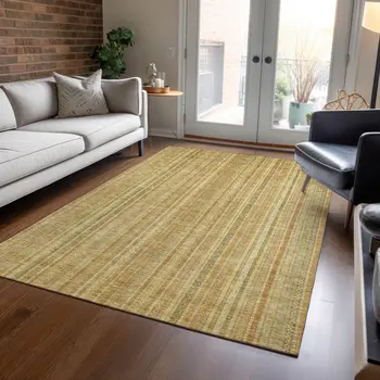 9' X 12' Wheat Gold And Beige Striped Washable Indoor Outdoor Area Rug