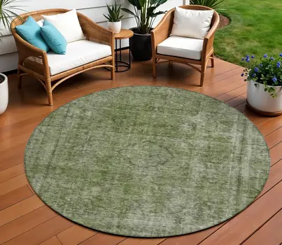 8' Green And Silver Round Medallion Washable Indoor Outdoor Area Rug