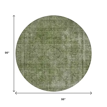 8' Green And Silver Round Medallion Washable Indoor Outdoor Area Rug