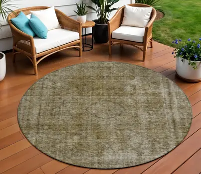 8' Pewter And Silver Round Medallion Washable Indoor Outdoor Area Rug