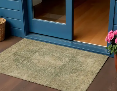 3' X 5' Artichoke Green And Beige Medallion Washable Indoor Outdoor Area Rug
