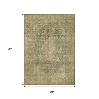 5' X 8' Artichoke Green And Beige Medallion Washable Indoor Outdoor Area Rug