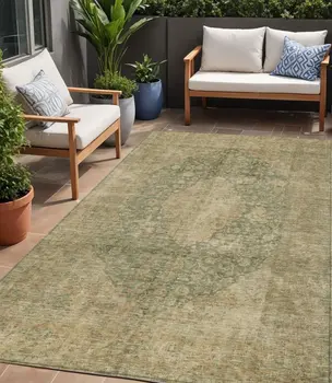 5' X 8' Artichoke Green And Beige Medallion Washable Indoor Outdoor Area Rug