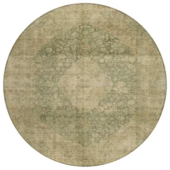 8' Artichoke Green And Beige Round Medallion Washable Indoor Outdoor Area Rug