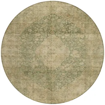 8' Artichoke Green And Beige Round Medallion Washable Indoor Outdoor Area Rug