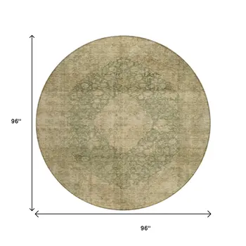 8' Artichoke Green And Beige Round Medallion Washable Indoor Outdoor Area Rug