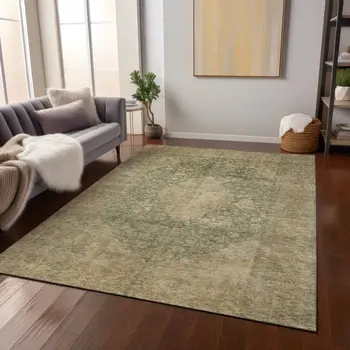 8' X 10' Artichoke Green And Beige Medallion Washable Indoor Outdoor Area Rug