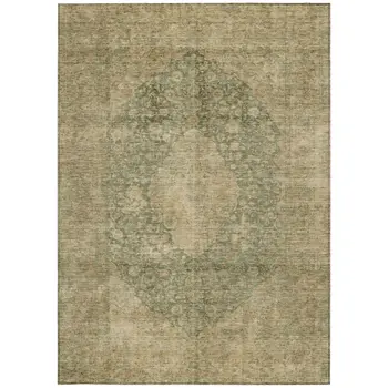 9' X 12' Artichoke Green And Beige Medallion Washable Indoor Outdoor Area Rug