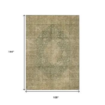 9' X 12' Artichoke Green And Beige Medallion Washable Indoor Outdoor Area Rug