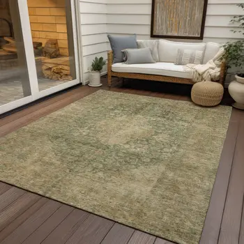 9' X 12' Artichoke Green And Beige Medallion Washable Indoor Outdoor Area Rug
