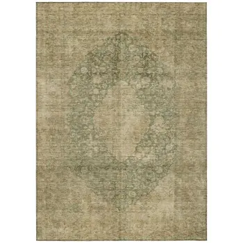 9' X 12' Artichoke Green And Beige Medallion Washable Indoor Outdoor Area Rug