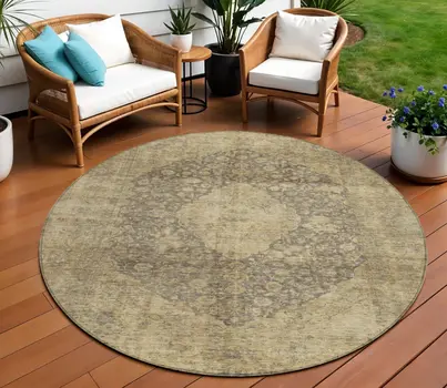 8' Brown And Beige Round Medallion Washable Indoor Outdoor Area Rug