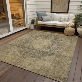 9' X 12' Brown And Beige Medallion Washable Indoor Outdoor Area Rug