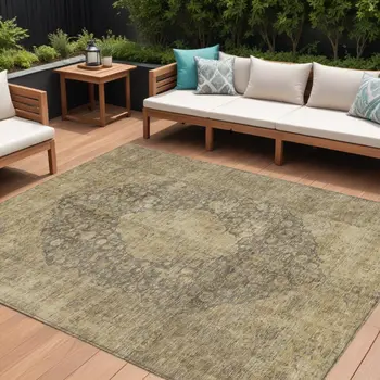 10' X 14' Brown And Beige Medallion Washable Indoor Outdoor Area Rug