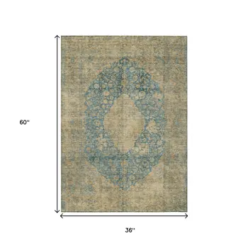3' X 5' Blue And Beige Medallion Washable Indoor Outdoor Area Rug