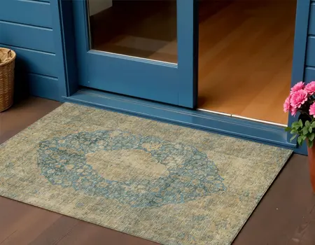 3' X 5' Blue And Beige Medallion Washable Indoor Outdoor Area Rug