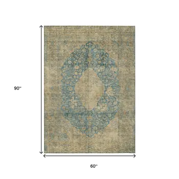 5' X 8' Blue And Beige Medallion Washable Indoor Outdoor Area Rug