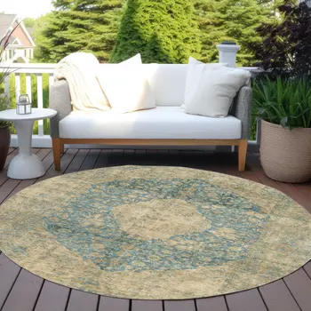 8' Blue And Beige Round Medallion Washable Indoor Outdoor Area Rug