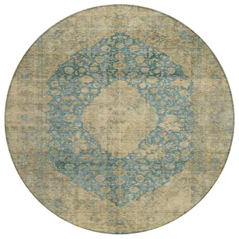8' Blue And Beige Round Medallion Washable Indoor Outdoor Area Rug