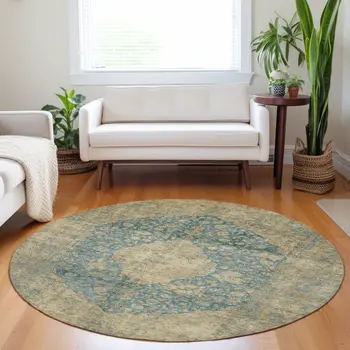 8' Blue And Beige Round Medallion Washable Indoor Outdoor Area Rug