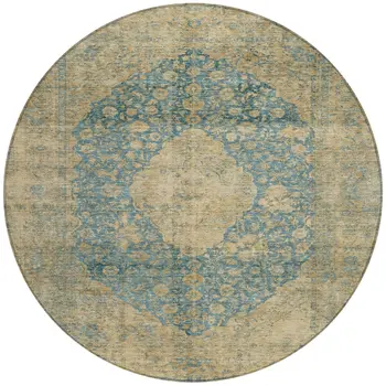 8' Blue And Beige Round Medallion Washable Indoor Outdoor Area Rug