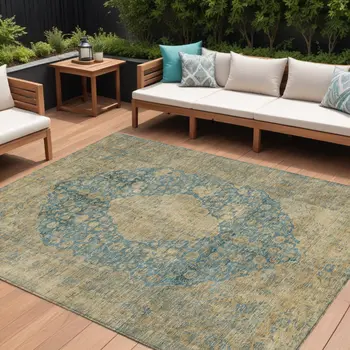 8' X 10' Blue And Beige Medallion Washable Indoor Outdoor Area Rug