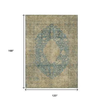 10' X 14' Blue And Beige Medallion Washable Indoor Outdoor Area Rug